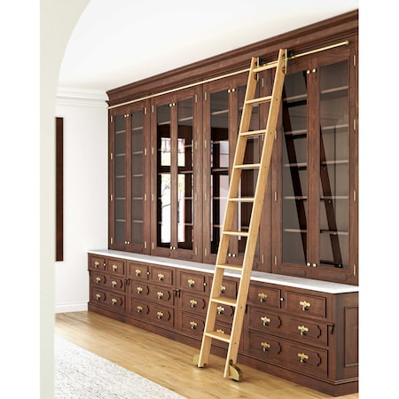 Quiet Glide 8.92 ft. Red Oak Contemporary Wheel Brushed Satin Brass Rolling Hook Removable Ladder, 12 ft. Rail QG.540-9RO-12-H.06B