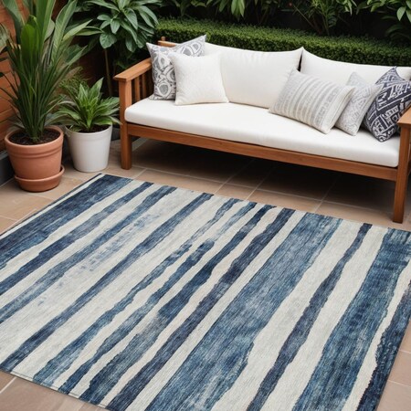Homeroots 9' X 12' Denim Blue And Gray Striped Washable Indoor Outdoor Area Rug 605901