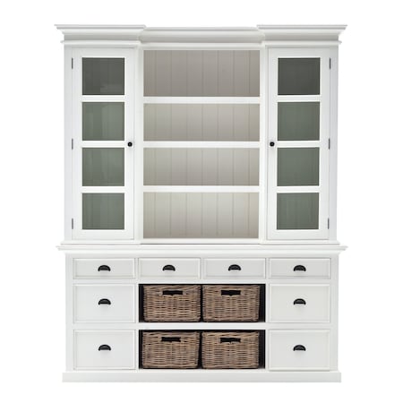 Homeroots 87" White Wood Bookcase with Glass Doors Drawers and Baskets 397667