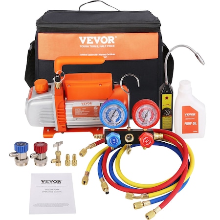 Vevor 1/4 HP HVAC Vacuum Pump and Gauge Set 4 CFM Manifold Gauge Kit with Hose TW-1.5K