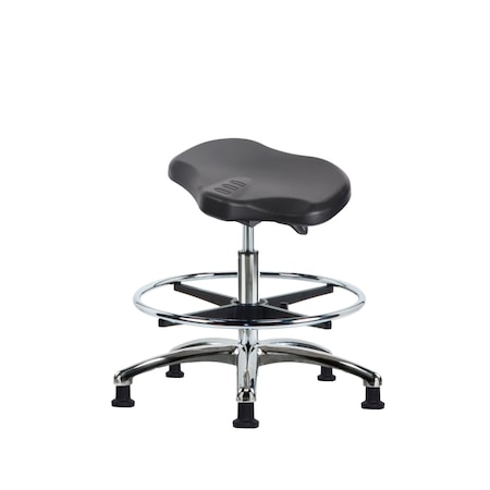 Blue Ridge Ergonomics Poly Ray Sit-Stand Stool Chrome-Medium Bench Ht with Chrome Foot Ring&Stat Glides in Black Poly PRPMBSO-CR-CF-RG-BLK