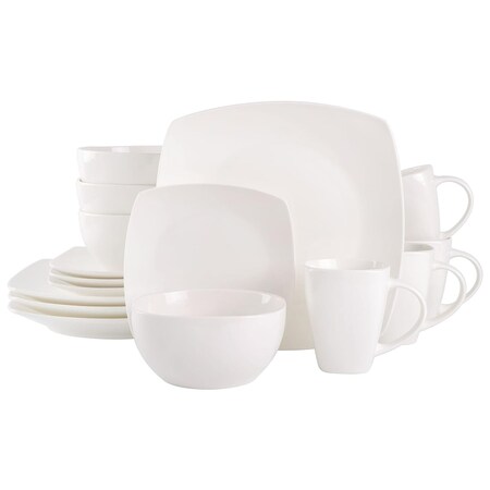 Gibson Soho Lounge 16 Piece Fine Ceramic Soft Square Stoneware Dinnerware Set in White 136631.16