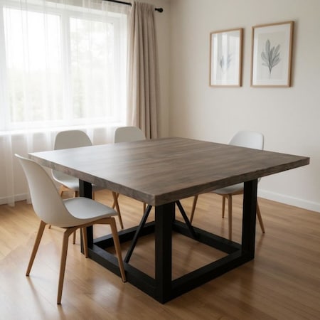 Homeroots 60" Dark Brown and Black Solid Wood and Iron Frame Base Square Dining Table 544750