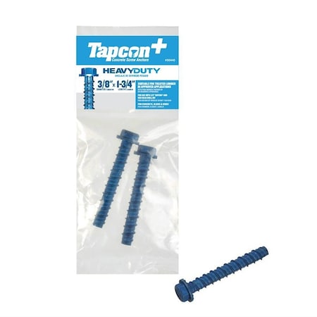 Tapcon+ Heavy-Duty Concrete Screw Anchor, 3/8 in Dia, 1-3/4 in L, Carbon Steel, Blue Climaseal-Coated, 2PK 50440