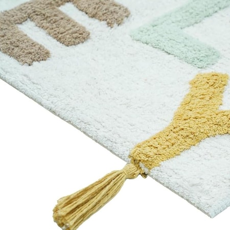Homeroots 32" Blue White And Yellow Cotton Hello Lovely Youthful Bath Rug 634893