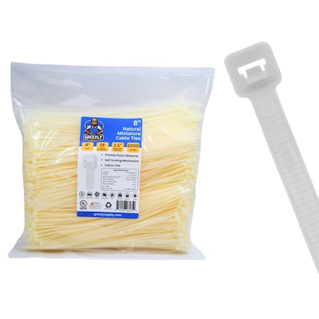 Grizzly Supply Cable Tie, 8 in L, 18 lb Strength, 2.2 in Max Bundle Dia, Nylon 6/6, Natural, 1000PK GS-M8-18-9M