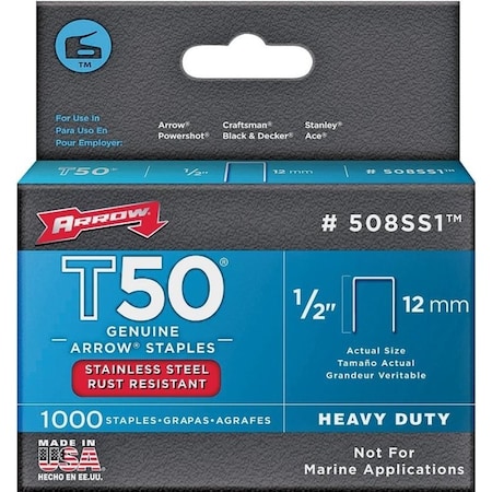 Arrow Fastener Staple Ss T50 1000Pk 1/2In 508SS1