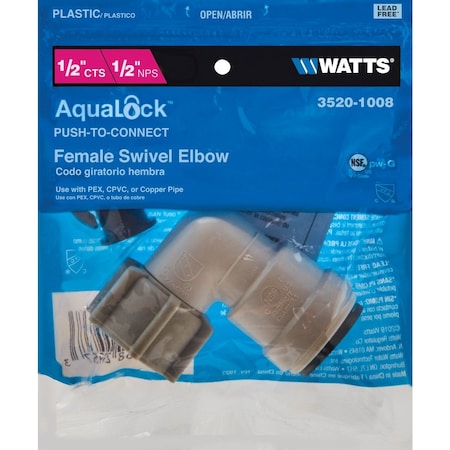 Watts 1/2'' CTS x 1/2'' FPT 90 Deg. Quick Connect Plastic Elbow, 1/4 Bend 3520-1008