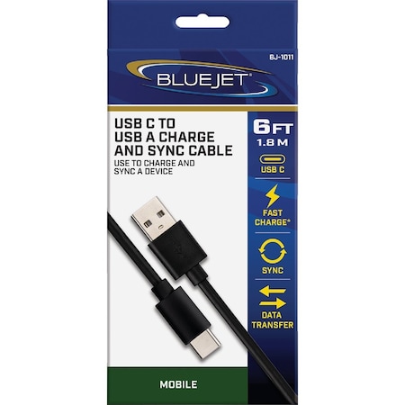 Blue Jet 6 Ft. Black Type-C USB to Type-A USB Charging & Sync Cable BJ-1011