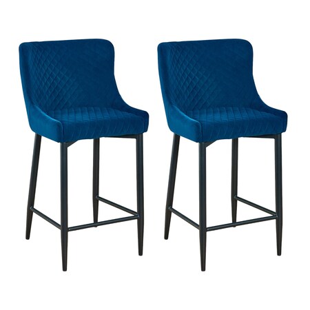 Homeroots Set of Two 30" Blue and Black Velvet and Metal Low Back Bar Height Bar Chairs, 2PK 555061