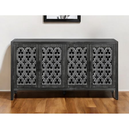 Homeroots 65" Charcoal Distressed Wood Sideboard with Four Doors 568410