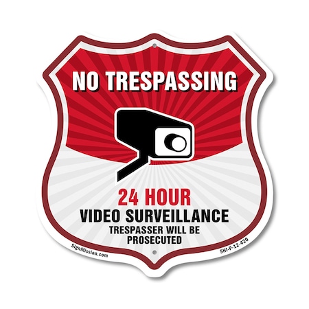 Signmission No Trespassing Shield Sign 24 Hour Video, 12 Inch X 12 Inch, Plastic Sign SHI-P-12-420