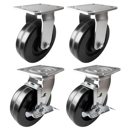 Hyw Products Heavy Duty Caster Set 6in Phenolic Wheels, 2 Rigid & 2 Swivel with Brake, 4PK 40-60R-A1-PH-2,40-60S-A1-PH-TB-2