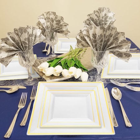 Smarty Had A Party 9.5" White with Gold Square Edge Rim Plastic Dinner Plates (120 Plates), 120PK 519G-CASE