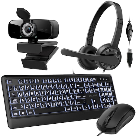 Delton Work Anywhere 12Y USB Headset, 1080p Webcam, Big-Key USB Keyboard & Mouse Bundle, Black 10Y