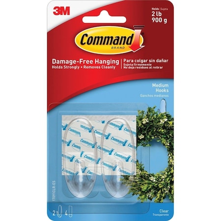 Command Hook, Clear, Plastic, 1 in D, PK2 17091CLR-ES