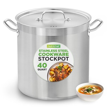 Nutrichef Stainless Steel Cookware Stockpot, 40 Quart Heavy Duty Induction Soup Pot With Stainless Steel Lid NCSPT40Q