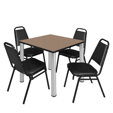 Regency Square Kee Breakroom Table W/ 4 Restaurant Stack Chairs, 30 in W, 30 in L, Noble Oak TB3030NOBPCM29BK
