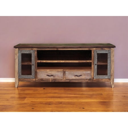 Homeroots 76" Brown Solid Wood Cabinet Enclosed Storage Distressed TV Stand 528764