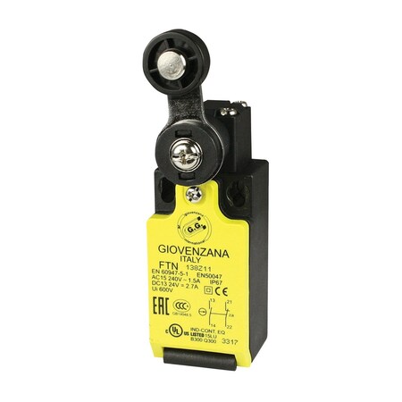 Automation Systems Interconnect Roller Lever Limit Switch, Slow Break, 1 NC 1 NO, M16 Cable Entry Fitting with 1/2 NPT Adapter FTN138-X11N