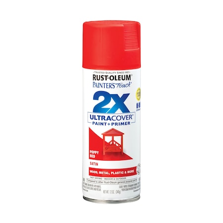 Rust-Oleum Painter's Touch 2X Ultra Cover Spray Paint, Poppy Red, Satin, Solvent, 12 Oz 334084