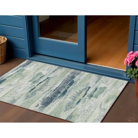 Homeroots 3' X 5' Mint Green Ivory And Denim Blue Abstract Washable Indoor Outdoor Area Rug 612533