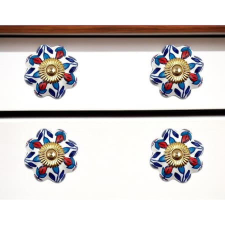 Homeroots Set of Six Blue Red And White Floral Knob Ceramic Drawer Pull Knobs, 6PK 635765