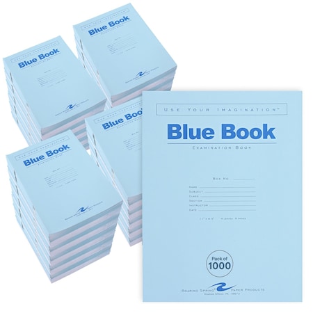 Roaring Spring Case of Exam Blue Books, 8.5" x 7", 4 Sheets/8 Pages, Wide Ruled with Margin, PK1000 77510cs