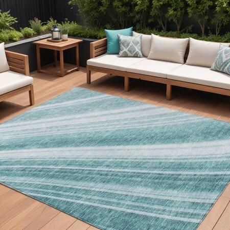 Homeroots 10' X 14' Teal Blue Turquoise And Aqua Striped Washable Indoor Outdoor Area Rug 615018