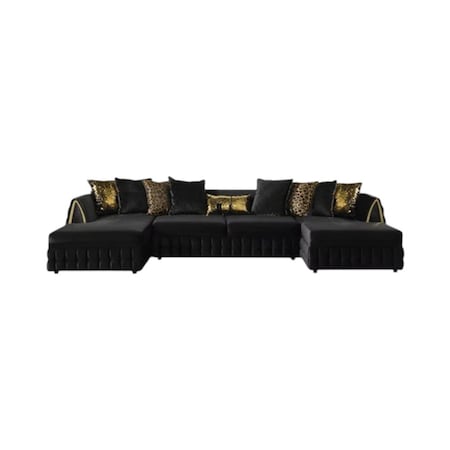 Homeroots Black Velvet U Shaped Sofa and Chaise Sectional With Toss Pillows 643882