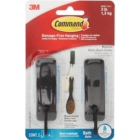 Command Medium Bath Hooks Matte Black 2 Hooks 4 Strips BATH43-MB-2ES
