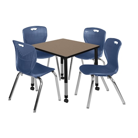 Regency Square Kee Mobile Adjustable Classroom Table W/ 4 Andy Chairs, 30 in W, 30 in L, Noble Oak TB3030NOAPCBK40NV