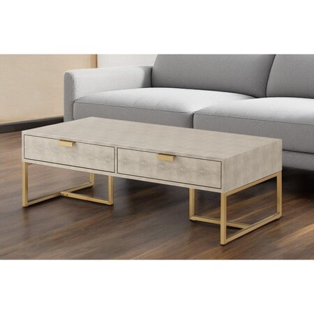 Homeroots 46" Cream And Gold Wood And Stainless Steel Coffee Table With Two Drawers 543874