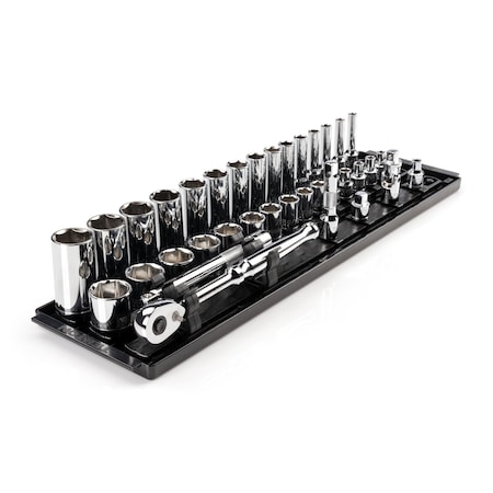 Tekton 3/8 Inch Drive 6-Point Socket and Ratchet Set with Rails and Tray, 36-Piece 1/4-1 in. SKT13101