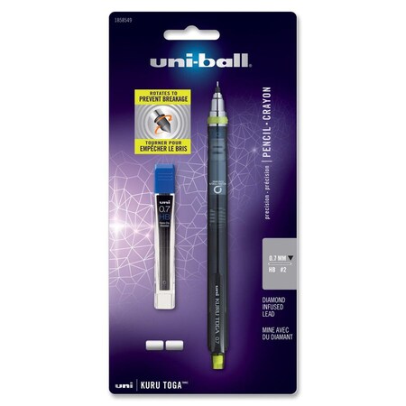 Uni-Ball KuruToga Mechanical Pencil with Tube of Diamond Lead, 0.7mm, HB #2, BLK Lead, BLK/Green Barrel 1858549