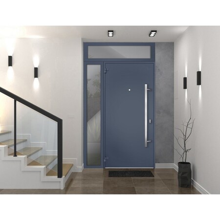 Vdomdoors Steel Door Deux 0729 Gray Graphite Sidelight and Transom Window Stainless Inserts Single Modern Pai DEUX0729EXD-GRE-W36+16 x H80+16-Right-hand Inswing