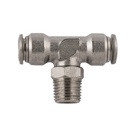 Usa Industrials Push to Connect Tube Fitting, Stainless Steel, Male Branch Tee Swivel, 10mm Tube OD x 1/4in ZUSA-TF-PTC-SS-136