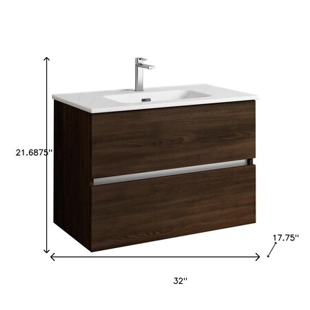 Homeroots 32" Dark Brown Wood Freestanding Bathroom Vanity With White Sink And Two Drawers 627393