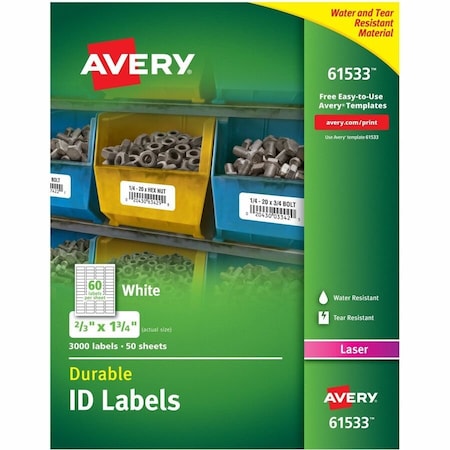 Avery Dennison Avery Permanent ID Labels with TrueBlock Technology, Laser, 2/3in  x 1-3/4in , 3000/Pack 61533