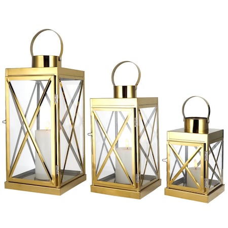 Homeroots Set of Three Clear And Gold Glass And Stainless Steel Floor Lantern Candle Holders, 3PK 719765
