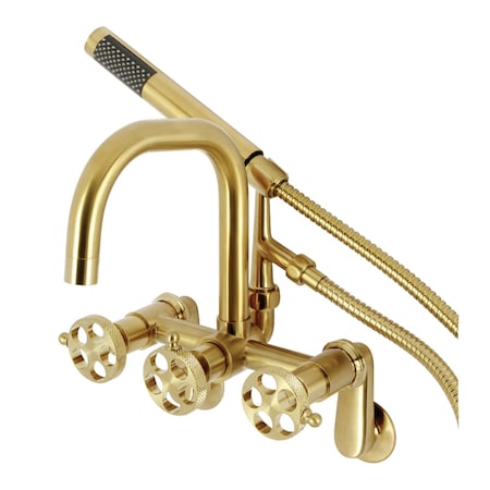 Kingston Brass 7-Inch Adjustable Wall Mount Clawfoot Tub Faucet with Knurled Handle and Hand Shower, Brushed Brass AE8457RKX