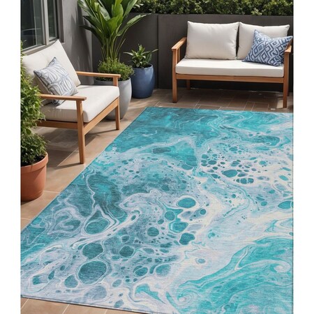 Homeroots 5' X 8' Teal Blue And Ivory Abstract Washable Indoor Outdoor Area Rug 618323