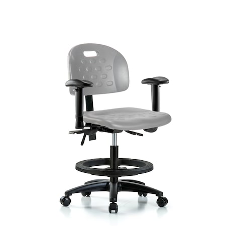 Blue Ridge Ergonomics Poly Chair-Medium Bench Height with Seat Tilt, Adjstable Arms, Black Foot Ring, &Casters in Gray Poly HPMBCH-RG-T1-A1-BF-RC-GRY