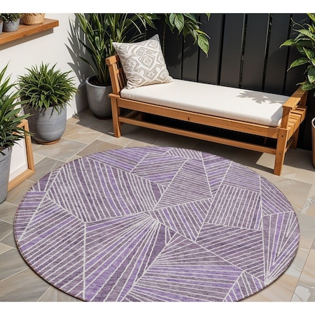 Homeroots 8' Purple And Ivory Round Geometric Washable Indoor Outdoor Area Rug 594805