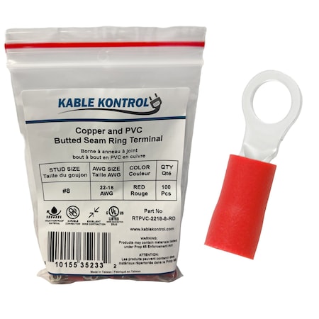 Kable Kontrol Ring Terminal, #8 Stud Size, 18 AWG, Red, 100 PK RTPVC-2218-8-RD