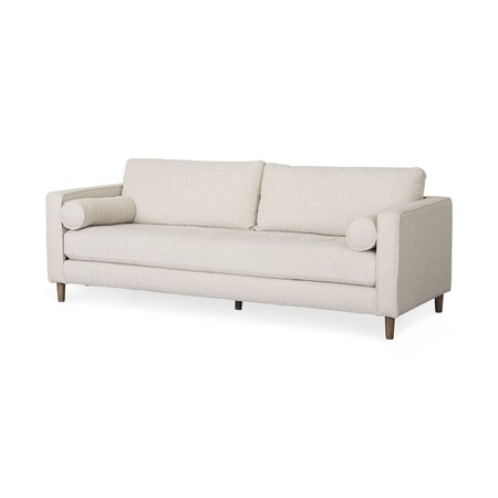 Homeroots 88" Cream Fabric Sofa And Toss Pillows With Brown Legs 607069