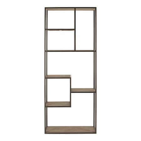 Homeroots 79" Brown And Natural Metal and Wood Seven Tier Bookcase 517719