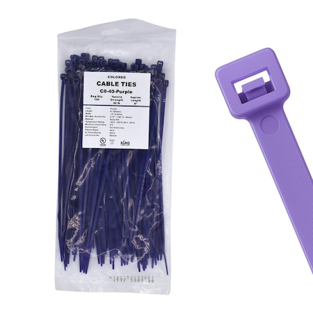 Cable Ties Unlimited Cable Tie, 8 in L, 40 lb Strength, 2.2 in Max Bundle Dia, Nylon 6/6, Purple 100PK C8-40-Purple