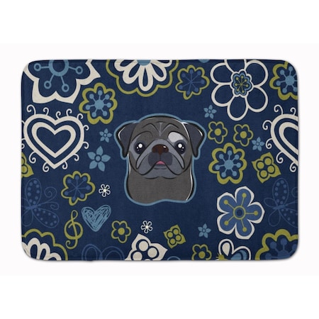 Jensendistributionservices Blue Flowers Black Pug Machine Washable Memory Foam Mat MI2552442
