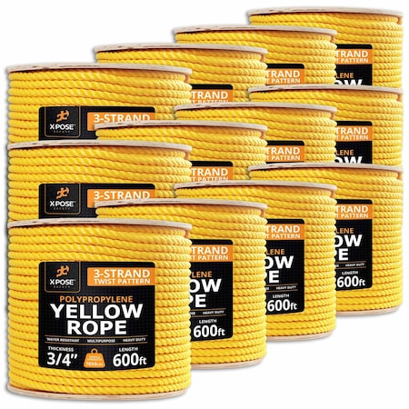 Xpose Safety 3/4in x 600 ft Twisted Polypropylene Rope, Yellow, 12PK YPR34-600-12-X